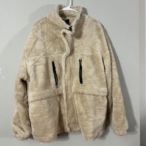 Fashion Teddy Fleece Jacket Beige Zip Pockets Stand Collar Oversized XL